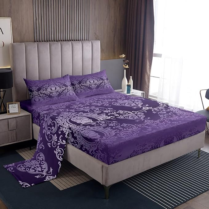 Feelyou Adults Purple Vintage Damask Floral Sheet Set Oriental Antique Sheets with Deep Pocket Fitted Sheet Queen Size Gothic Bohemia Boho Bed Sheets Set Exotic Sugar Skull Bedding Set Bed Set 4Pcs - sugar skull bedding set