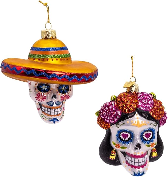 Kurt Adler 4-4.25-inch Noble Gems? Glass Day of The Dead Sugar Skull Ornament Set - sugar skull christmas ornament