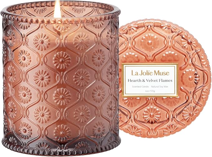 LA JOLIE MUSE Christmas Candle | Hearth & Velvet Flames | Saffron, Clove & Vanilla | 6 oz Natural Soy Wax | 40-Hour Clean Burn | Christmas Gift for Women & Family - sugar skull candle holder