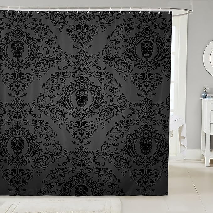 Feelyou Adults Black Vintage Damask Floral Shower Curtain Oriental Antique Bathroom Shower Curtain Set 72"x72" Gothic Bohemia Boho Bath Curtain Exotic Sugar Skull Bathroom Accessories - sugar skull shower curtain set