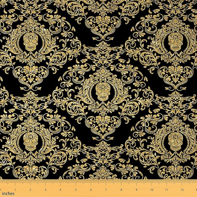 Feelyou Adults Golden Vintage Damask Floral Fabric by The Yard Oriental Antique Decorative Waterproof 1 Yard Gothic Bohemia Boho Upholstery Fabric for Chairs Exotic Sugar Skull - sugar skull table lamp