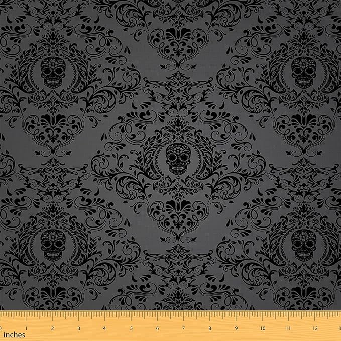 Feelyou Adults Black Vintage Damask Floral Fabric by The Yard Oriental Antique Decorative Waterproof 1 Yard Gothic Bohemia Boho Upholstery Fabric for Chairs Exotic Sugar Skull - sugar skull apron for women