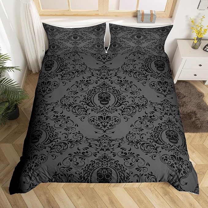Feelyou Adults Black Vintage Damask Floral Bedding Set Oriental Antique Comforter Cover Set Queen Size Gothic Bohemia Boho Duvet Cover Exotic Sugar Skull Bedspread Cover 3Pcs - sugar skull bedding set