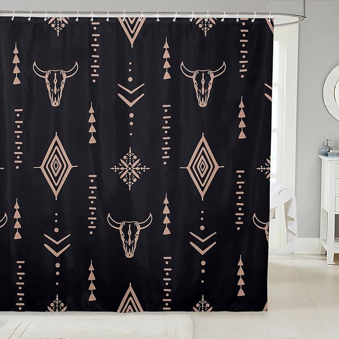 Erosebridal Bull Skull Shower Curtain 72" Wx72 L Boho Bathroom Shower Curtain Sets Ethnic Horns Bohemian Fabric Shower Curtain Brown Tribal Symbol Mysterious Aztec Abstract Geometric Bath Curtain - sugar skull shower curtain set