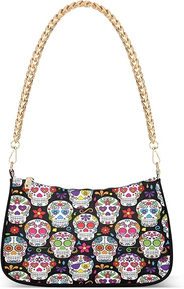 Shoulder Bags for Women Skeleton Skull and Rose Flowers Hobo Tote Handbag Small Clutch Purse with Zipper Closure - sugar skull handbags for sale