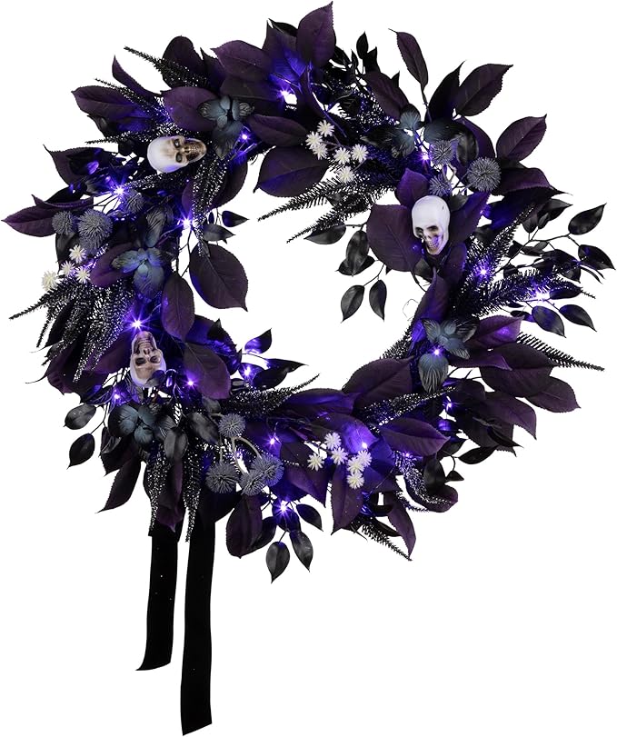 National Tree Company, 26inch Artificial Floral Mini Skull Wreath, 30 Purple LED Lights, - sugar skull wreath for front door