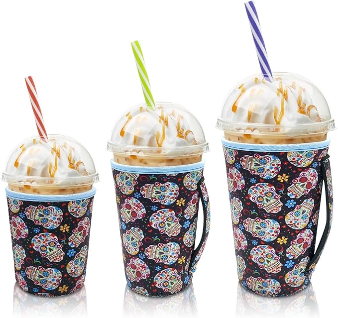Iced Coffee Sleeve Insulator Sleeves for Cold Drinks Beverages, 3 Pack Reusable Neoprene Cup Sleeve with Handle for 16-32oz Coffee cups(Sugar Skull) - sugar skull tumbler with straw