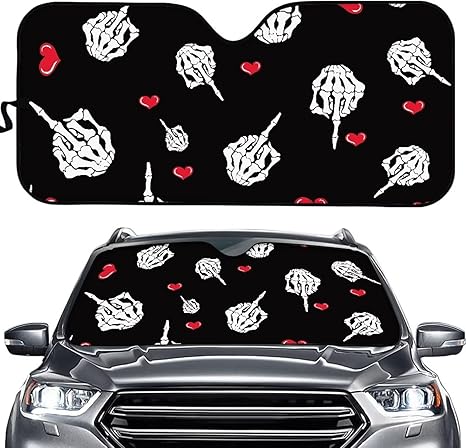 Car Windshield Sun Shade,Portable Middle Finger Skull Heart Vehicle Interior Decor Sun Block Visor Mat Sunshade - sugar skull car sunshade for windshield