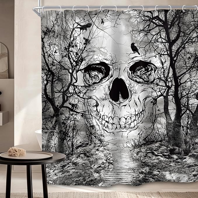 SVBright Gothic Skull Shower Curtain 60Wx72L Inch Scary Spooky Skeleton Bone Tree Branch Mystic Cool Horror for Men Boys 12 Pack Hooks Polyester Waterproof Fabric Bathroom Bathtub Panels - sugar skull shower curtain set