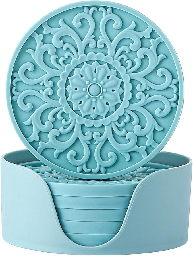 Colinda Silicone Coasters - Set of 6 with Holder, Non-Slip Cup Mats for Hot and Cold Drinks, Decorative Designs, Gift Ready Packaging,Turquoise - sugar skull coasters set