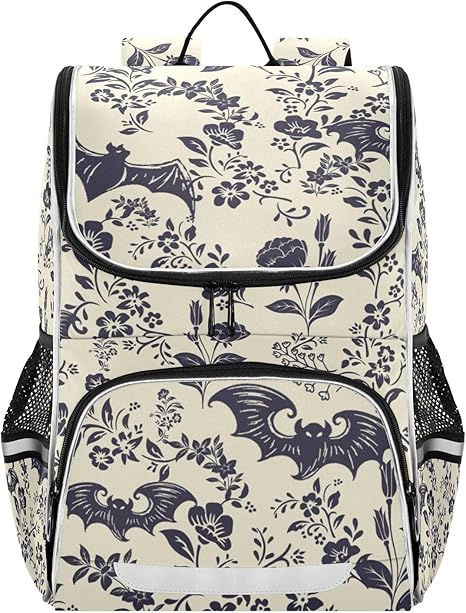 Goth Bat Flowers Backpack with Reflective Strip for Kids Boys Girls Elementary School Bag Removable Chest Strap - best sugar skull backpack