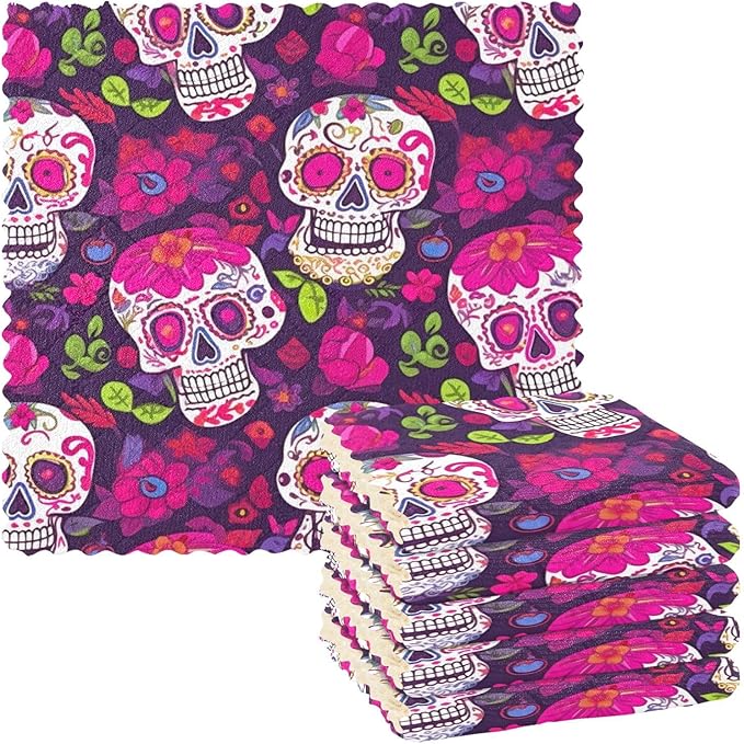 Kigai Mexican Sugar Skulls Kitchen Cloth Dish Towels 6-Pack Microfiber Super Soft Absorbent Towels Fast Drying Nonstick Oil Cleaning Cloths for Washing Dishes - sugar skull beach towel