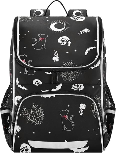 Goth Skull Cat Backpack with Reflective Strip for Kids Boys Girls Elementary School Bag Removable Chest Strap - best sugar skull backpack
