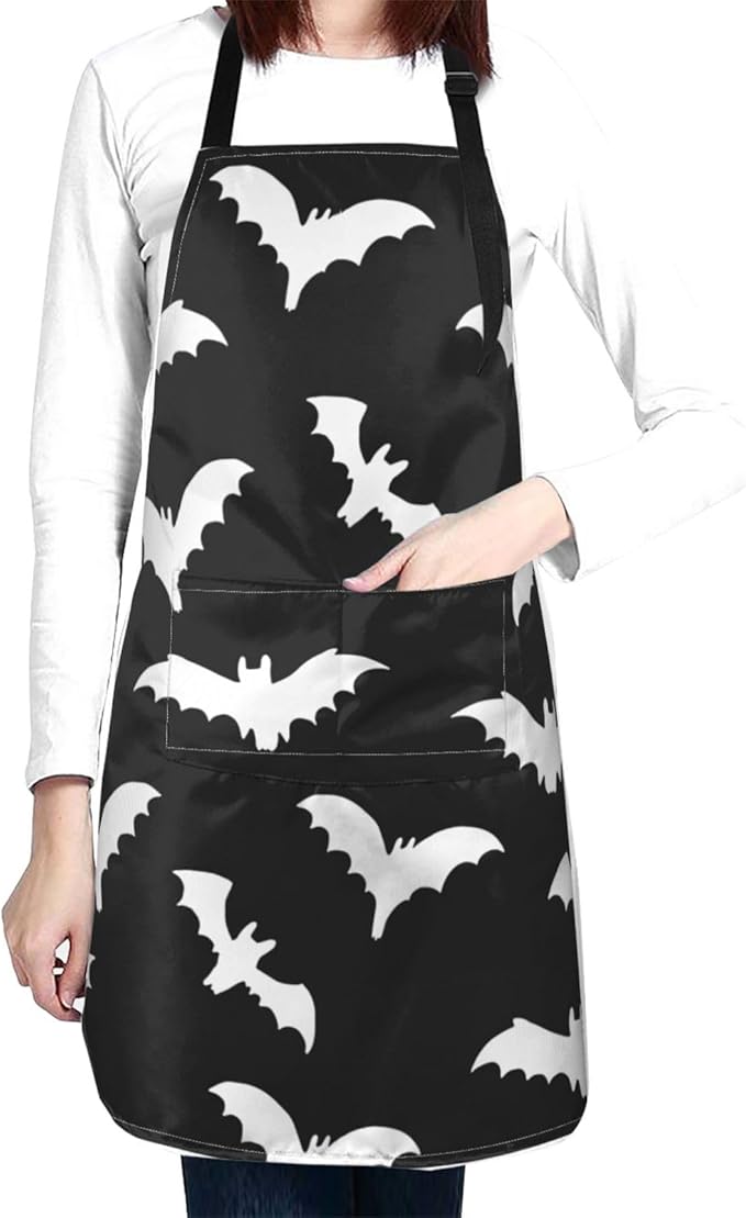 Perinsto Bats Halloween Waterproof Apron With 2 Pockets Kitchen Chef Aprons Bibs For Cooking Baking Painting Gardening Grooming - sugar skull apron for women