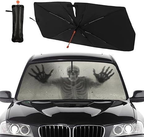 Socira Ghost Skull Car Windshield Sunshade Umbrella Foldable Horror Umbrella Funny Sun Shade Windshield Cover Creepy Skeleton Sunshade Skull Car Accessories Keeps Cool (57" X 30") - sugar skull car sunshade for windshield