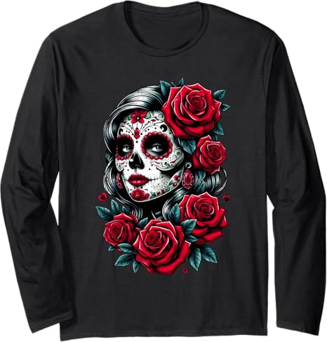"Dia de Muertos Cinco de Mayo Sugar Skull" - sugar skull long sleeve shirt mens