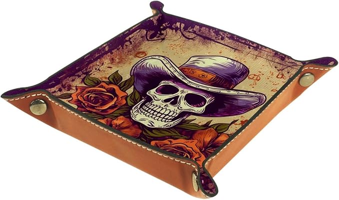 Valet Tray,Nightstand Jewelry Coin Key Tray Desk Storage Plate,4.5x1.18 in,Vintage Mexican Sugar Skull - sugar skull plates set