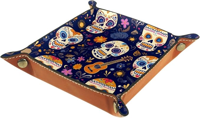 Valet Tray,Nightstand Jewelry Coin Key Tray Desk Storage Plate,5.7x1.18 in,Floral Sugar Skull - sugar skull plates set