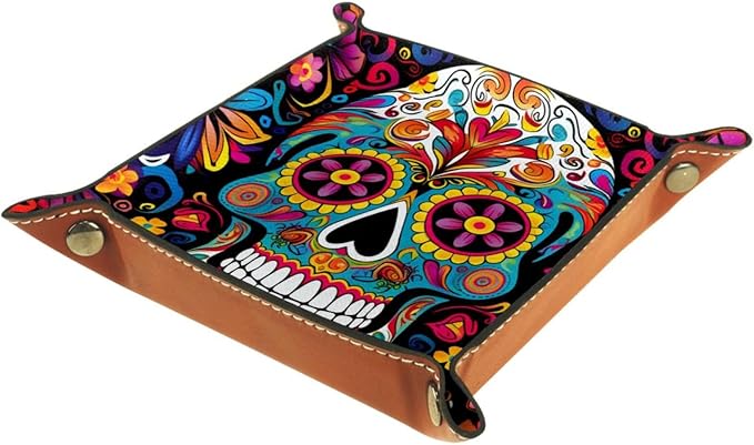 Valet Tray,Nightstand Jewelry Coin Key Tray Desk Storage Plate,5.7x1.18 in,Ethnic Style Sugar Skull - sugar skull plates set