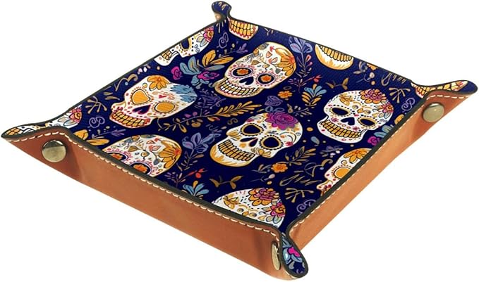 Valet Tray,Nightstand Jewelry Coin Key Tray Desk Storage Plate,5.7x1.18 in,Floral Sugar Skull - sugar skull plates set