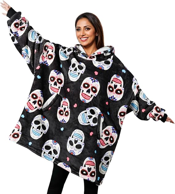 Sugar Skull Gifts for Women, Day of the Dead Gifts, Wearable Blanket Hoodies for Adults, Oversized Flannel Hooded Blanket, Gifts for Birthday, Christmas, and so on, One Size Fits All - sugar skull beach towel