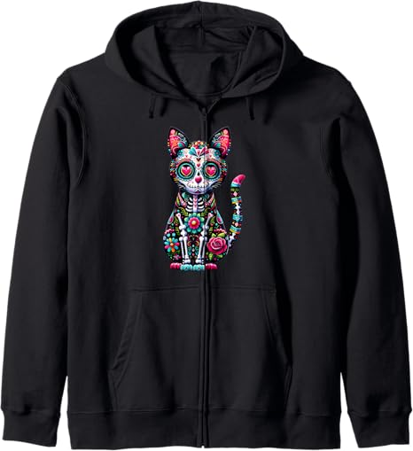 Cinco de Mayo Fro Skeleton Cat Sugar Skull - sugar skull zip up hoodie mens