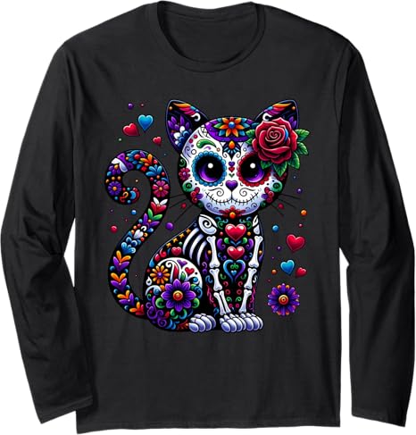 Cinco de Mayo Fro Skeleton Cat Sugar Skull - sugar skull long sleeve shirt mens
