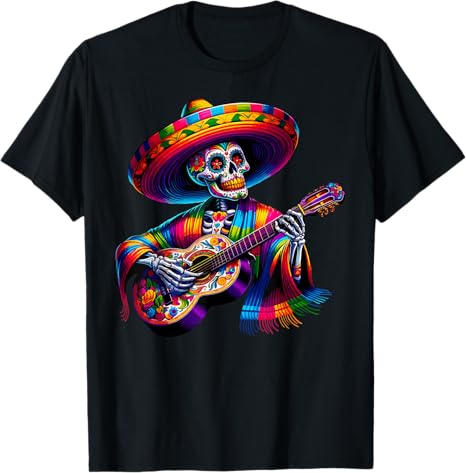 Cinco de Mayo Fro Skeleton Skull Guitar - sugar skull t-shirt womens