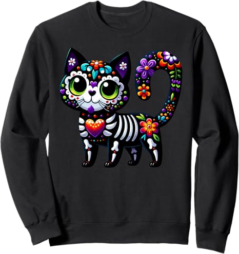 Cinco de Mayo Fro Skeleton Cat Sugar Skull - sugar skull sweatshirt womens