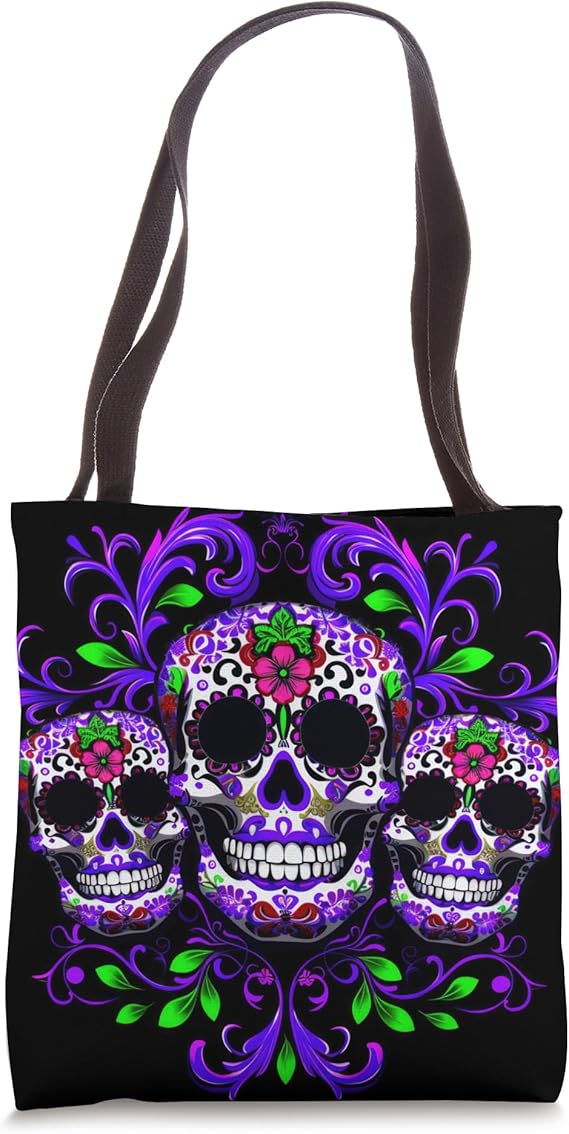 Triple Skull Purple Floral Day Of The Dead Sugar Skulls Tote Bag - sugar skull handbags for sale