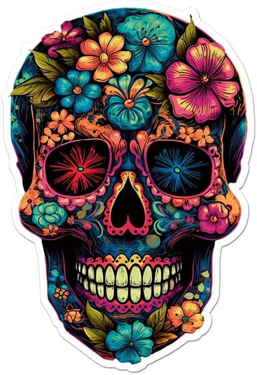 Sugar Skull Flowers Vinyl Decal Sticker- 8.5" x 5.75" - sugar skull temporary tattoo