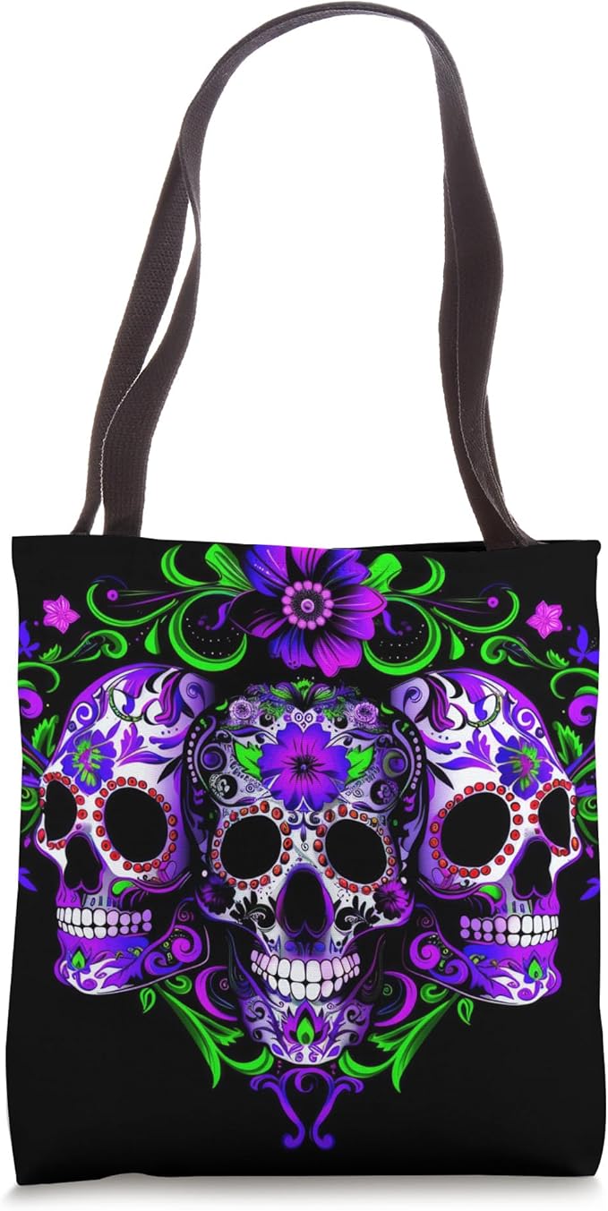 Triple Skull Purple Floral Day Of The Dead Sugar Skulls Tote Bag - sugar skull handbags for sale