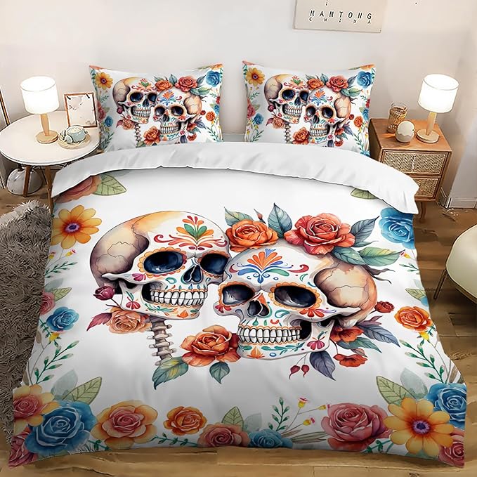 AILONEN Gothic Skull Duvet Cover Set King Size, Sugar Skull Bedding Set for Kids Boys Girls,Colorful Flower Comforter Cover,Bohemian Skeleton Duvet Cover,1 Quilt Cover and 2 Pillowcases,3PCS - sugar skull bedding set