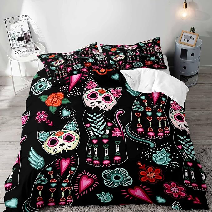 LUVIVIHOME 3PCS Cat Sugar Skull Bedding Set, Black Duvet Cover Queen Day of The Dead Mexican Fiesta Dia de Los Muertos Gothic Skeleton Kitten Sugar Skull Comforter Bedspread Quilt Cover 2 Pillow Shams - sugar skull bedding set