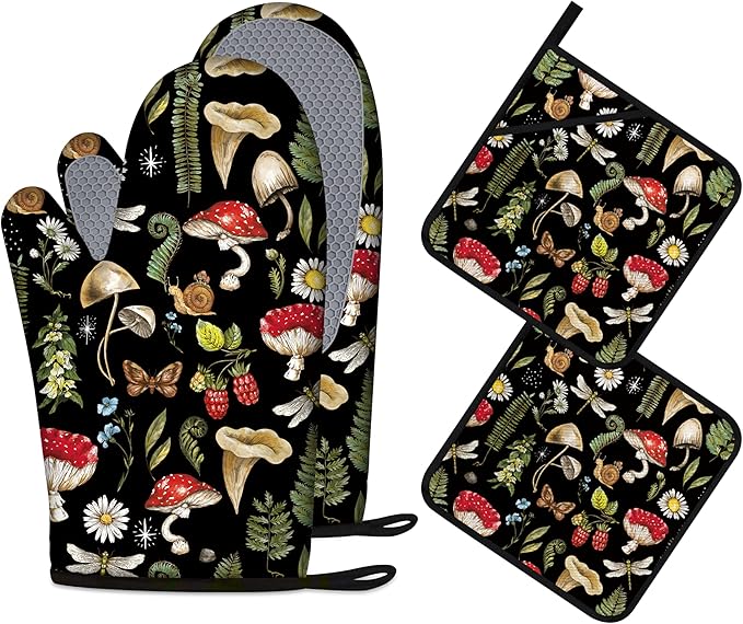 Mushroom Oven Mitts and Pot Holders Sets of 4 Heat Resistant Silicone Oven Mitts Gloves Non-Slip Kitchen Mittens Potholders for Cooking Baking Grilling BBQ - sugar skull oven mitts