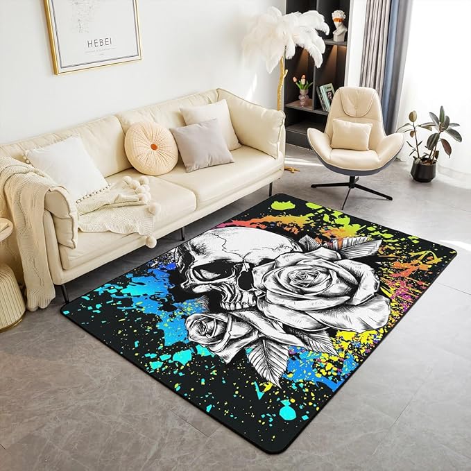 Erosebridal Sugar Skull Carpet 3x5 Sketch Rose Area Rug Black Tie Dye Style Indoor Floor Mat Gothic Spooky Decorative Rug for Adults Men Women,Non Slip Machine Wash Dry - sugar skull area rug