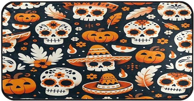 ALAZA Sugar Skull Pumpkin Non Slip Kitchen Floor Mat Kitchen Rug for Entryway Hallway Bathroom Living Room Bedroom 39 x 20 inches(1.7' x 3.3') - sugar skull floor mat