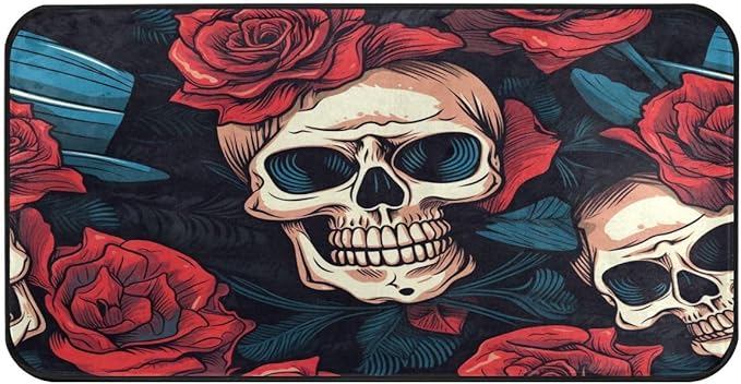 ALAZA Funny Sugar Skull Red Rose Flower Non Slip Kitchen Floor Mat Kitchen Rug for Entryway Hallway Bathroom Living Room Bedroom 39 x 20 inches(1.7' x 3.3') - sugar skull floor mat