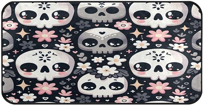 ALAZA Sugar Skull Hlloween Flower Non Slip Kitchen Floor Mat Kitchen Rug for Entryway Hallway Bathroom Living Room Bedroom 39 x 20 inches(1.7' x 3.3') - sugar skull floor mat