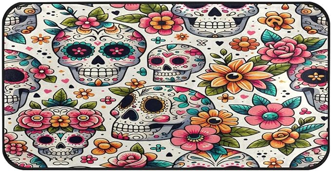 ALAZA Sugar Skull Chic Flower Non Slip Kitchen Floor Mat Kitchen Rug for Entryway Hallway Bathroom Living Room Bedroom 39 x 20 inches(1.7' x 3.3') - sugar skull floor mat