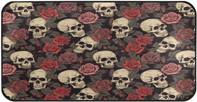 ALAZA Sugar Skull Rose Flower Leaves Non Slip Kitchen Floor Mat Kitchen Rug for Entryway Hallway Bathroom Living Room Bedroom 39 x 20 inches(1.7' x 3.3') - sugar skull floor mat