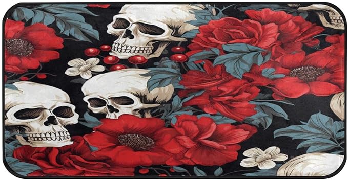 ALAZA Sugar Skull with Red Rose Flower Floral Non Slip Kitchen Floor Mat Kitchen Rug for Entryway Hallway Bathroom Living Room Bedroom 39 x 20 inches(1.7' x 3.3') - sugar skull floor mat