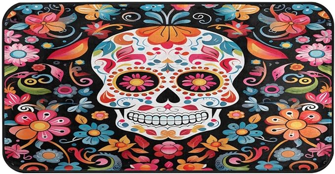 ALAZA Halloween Sugar Skull Flower Floral Non Slip Kitchen Floor Mat Kitchen Rug for Entryway Hallway Bathroom Living Room Bedroom 39 x 20 inches(1.7' x 3.3') - sugar skull floor mat