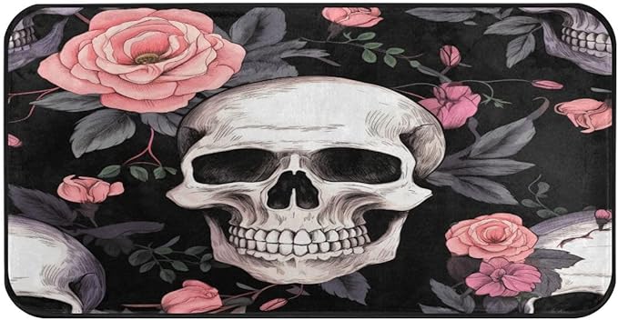 ALAZA Sugar Skull Rose Flower Leaves Non Slip Kitchen Floor Mat Kitchen Rug for Entryway Hallway Bathroom Living Room Bedroom 39 x 20 inches(1.7' x 3.3') - sugar skull floor mat