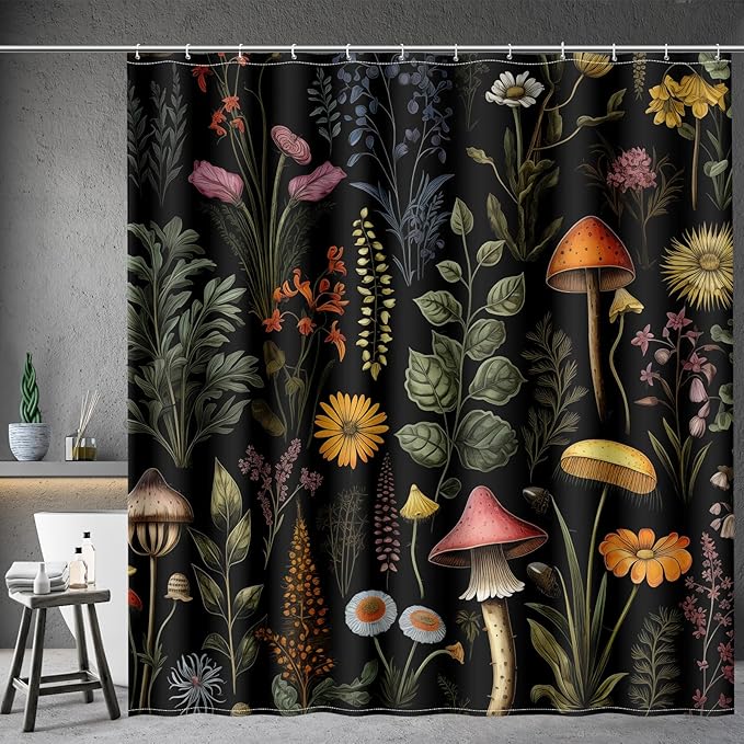 Aimego Mushroom Floral Shower Curtain - Boho Vintage Plants Flowers Retro Bohemian Botanical Nature Bath Shower Curtain Set with 12 Hooks for Adults Bathroom Decor Accessories, 72"x72" Black - sugar skull shower curtain set