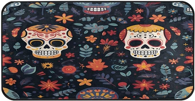 ALAZA Sugar Skull Flower Floral Black Non Slip Kitchen Floor Mat Kitchen Rug for Entryway Hallway Bathroom Living Room Bedroom 39 x 20 inches(1.7' x 3.3') - sugar skull floor mat