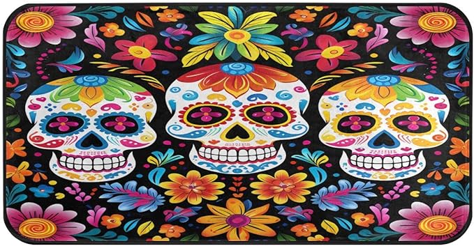 ALAZA Dia De Los Muertos Floral Sugar Skull Non Slip Kitchen Floor Mat Kitchen Rug for Entryway Hallway Bathroom Living Room Bedroom 39 x 20 inches(1.7' x 3.3') - sugar skull floor mat