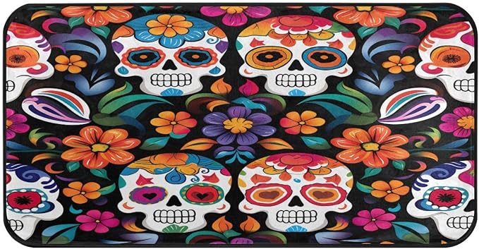 ALAZA Floral Sugar Skull Day of The Dead Non Slip Kitchen Floor Mat Kitchen Rug for Entryway Hallway Bathroom Living Room Bedroom 39 x 20 inches(1.7' x 3.3') - sugar skull floor mat