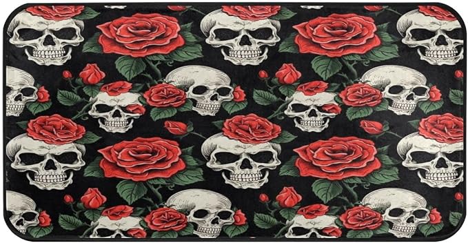 ALAZA Sugar Skull Rose Flower Black Floral Non Slip Kitchen Floor Mat Kitchen Rug for Entryway Hallway Bathroom Living Room Bedroom 39 x 20 inches(1.7' x 3.3') - sugar skull floor mat
