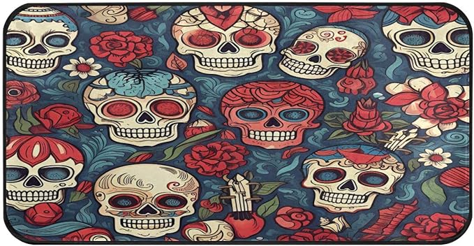 ALAZA Day of The Dead Floral Sugar Skull Non Slip Kitchen Floor Mat Kitchen Rug for Entryway Hallway Bathroom Living Room Bedroom 39 x 20 inches(1.7' x 3.3') - sugar skull floor mat